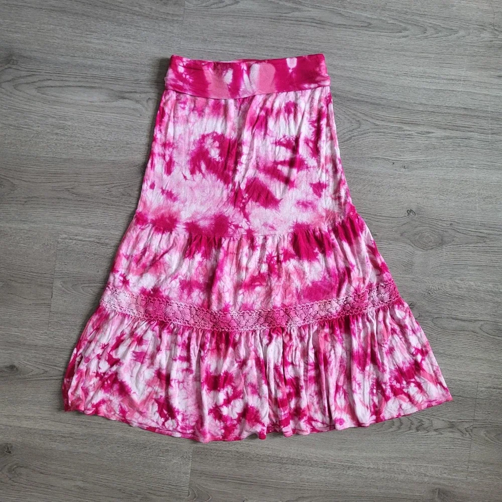 Justice Girls Pink Tie Dye Tiered Maxi Skirt Lace Trim Boho Festival Flowy 10